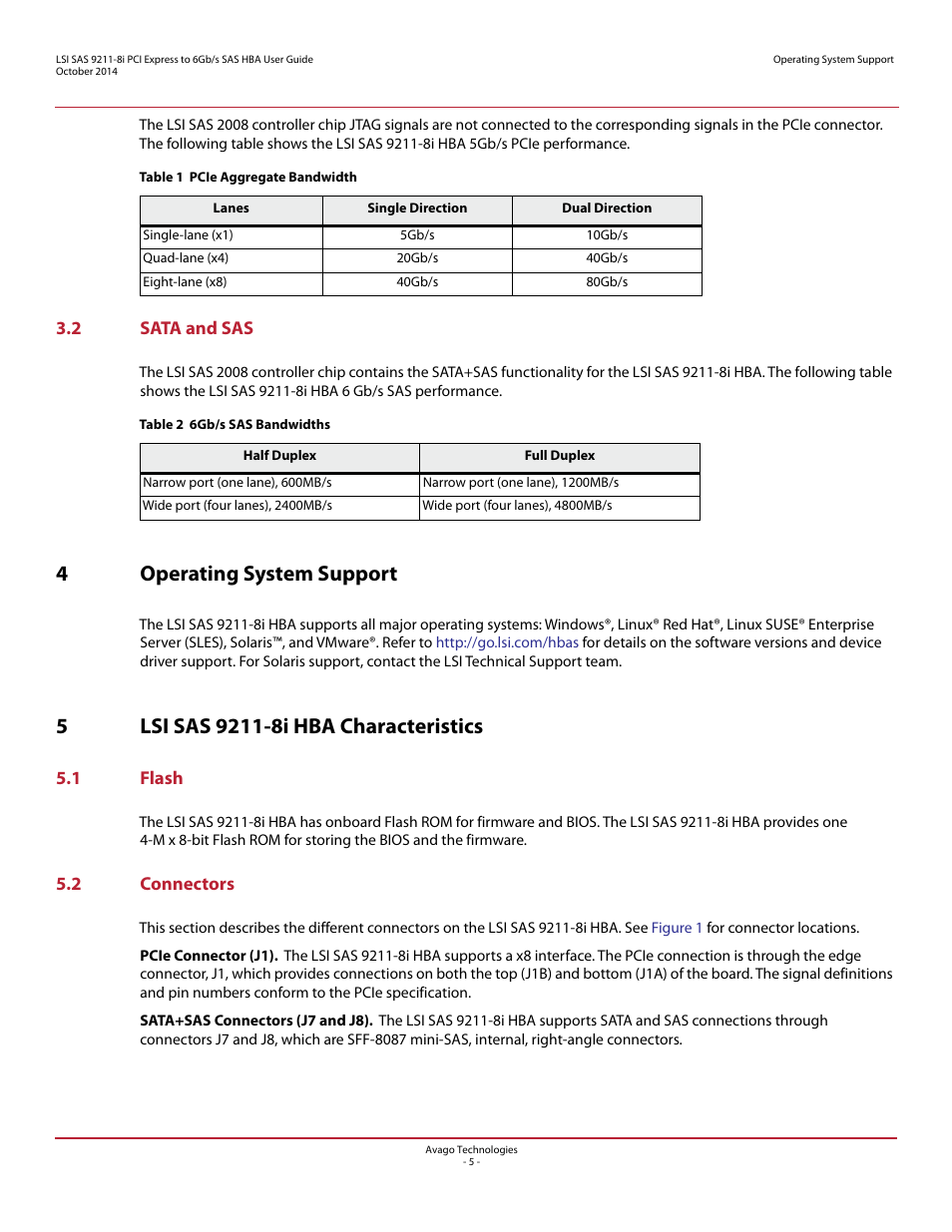 2 sata and sas, 4 operating system support, 5 lsi sas 9211-8i hba characteristics | 1 flash, 2 connectors, 1 flash 5.2 connectors, 4operating system support | Avago Technologies SAS 9211-8i Host Bus Adapter User Manual | Page 5 / 10