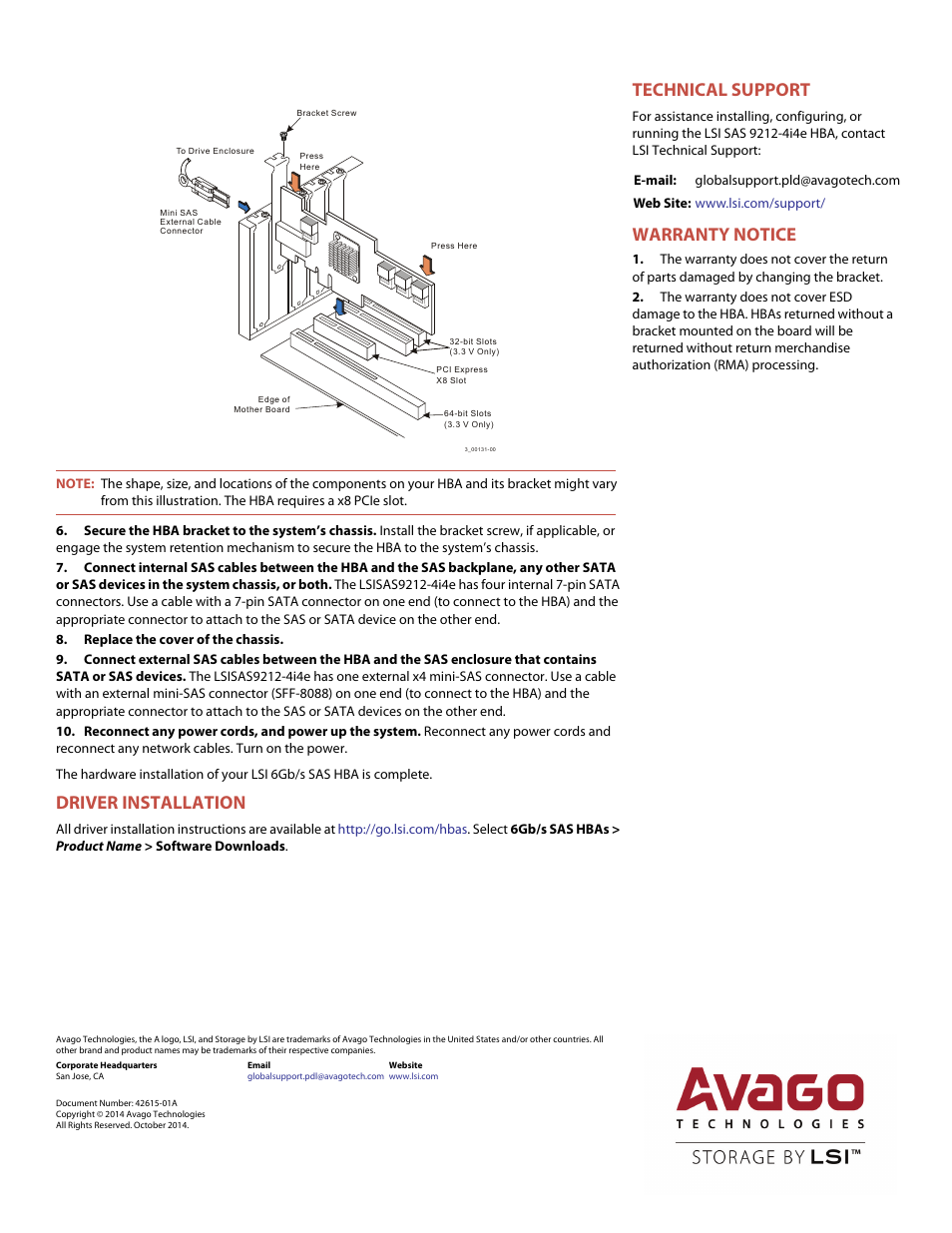 Driver installation, Technical support, Warranty notice | Avago Technologies SAS 9212-4i4e Host Bus Adapter User Manual | Page 2 / 2