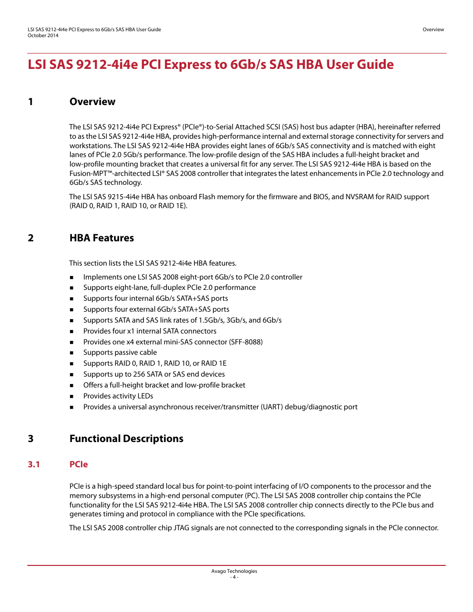 1 overview, 2 hba features, 3 functional descriptions | 1 pcie, 1overview, 2hba features, 3functional descriptions | Avago Technologies SAS 9212-4i4e Host Bus Adapter User Manual | Page 4 / 10