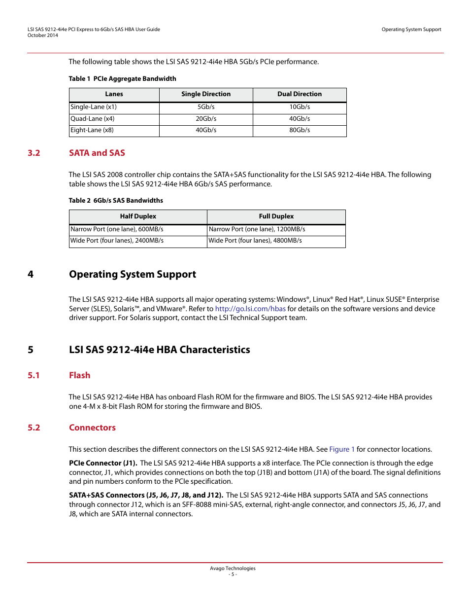 2 sata and sas, 4 operating system support, 5 lsi sas 9212-4i4e hba characteristics | 1 flash, 2 connectors, 1 flash 5.2 connectors, 4operating system support | Avago Technologies SAS 9212-4i4e Host Bus Adapter User Manual | Page 5 / 10