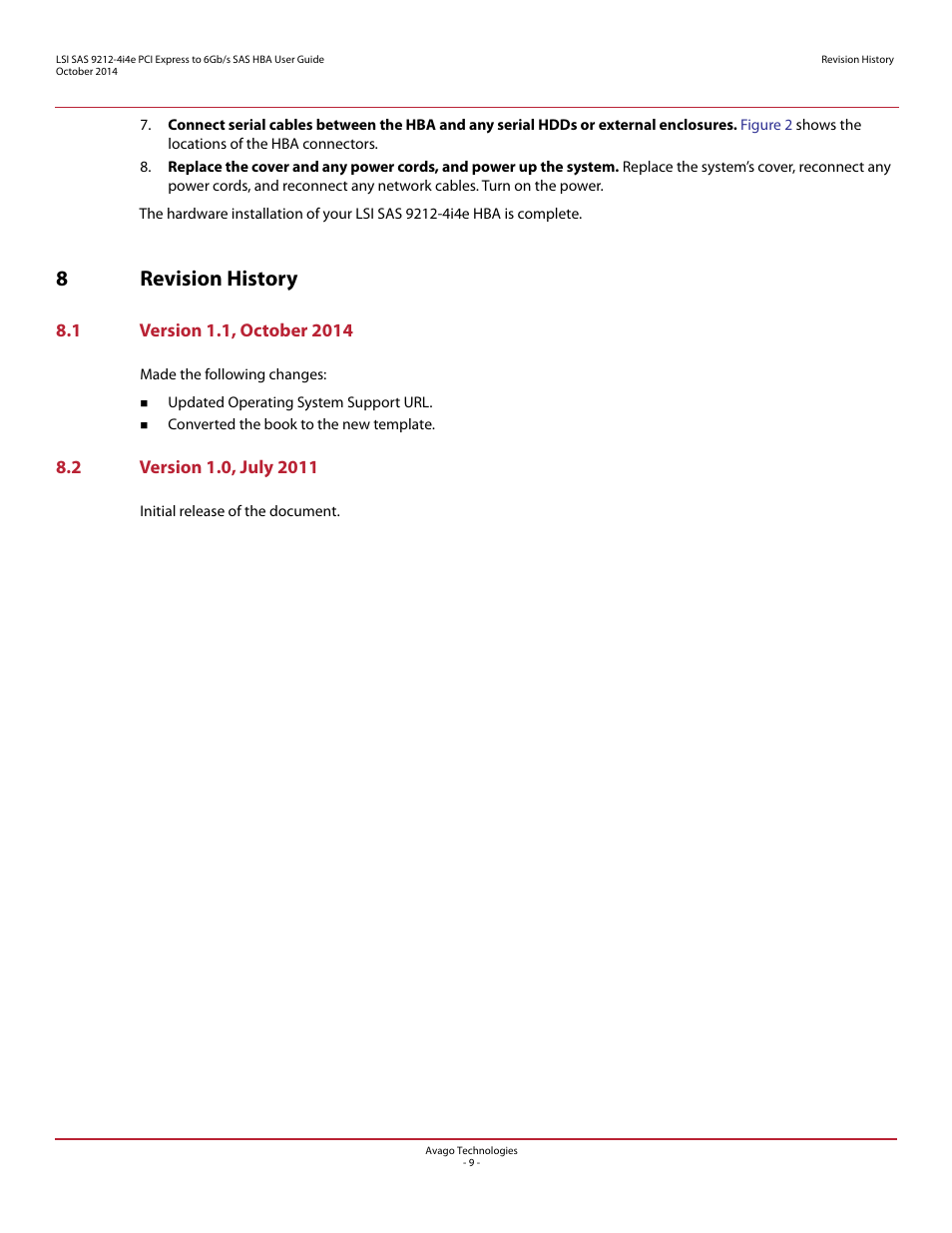 8 revision history, 1 version 1.1, october 2014, 2 version 1.0, july 2011 | 8revision history | Avago Technologies SAS 9212-4i4e Host Bus Adapter User Manual | Page 9 / 10