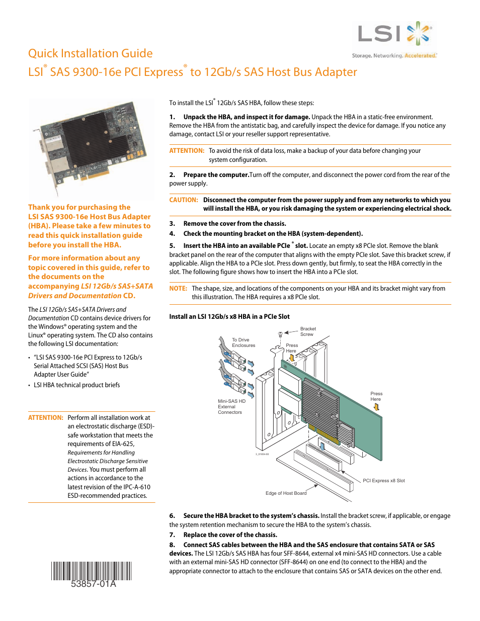 Avago Technologies SAS 9300-16e Host Bus Adapter User Manual | 2 pages