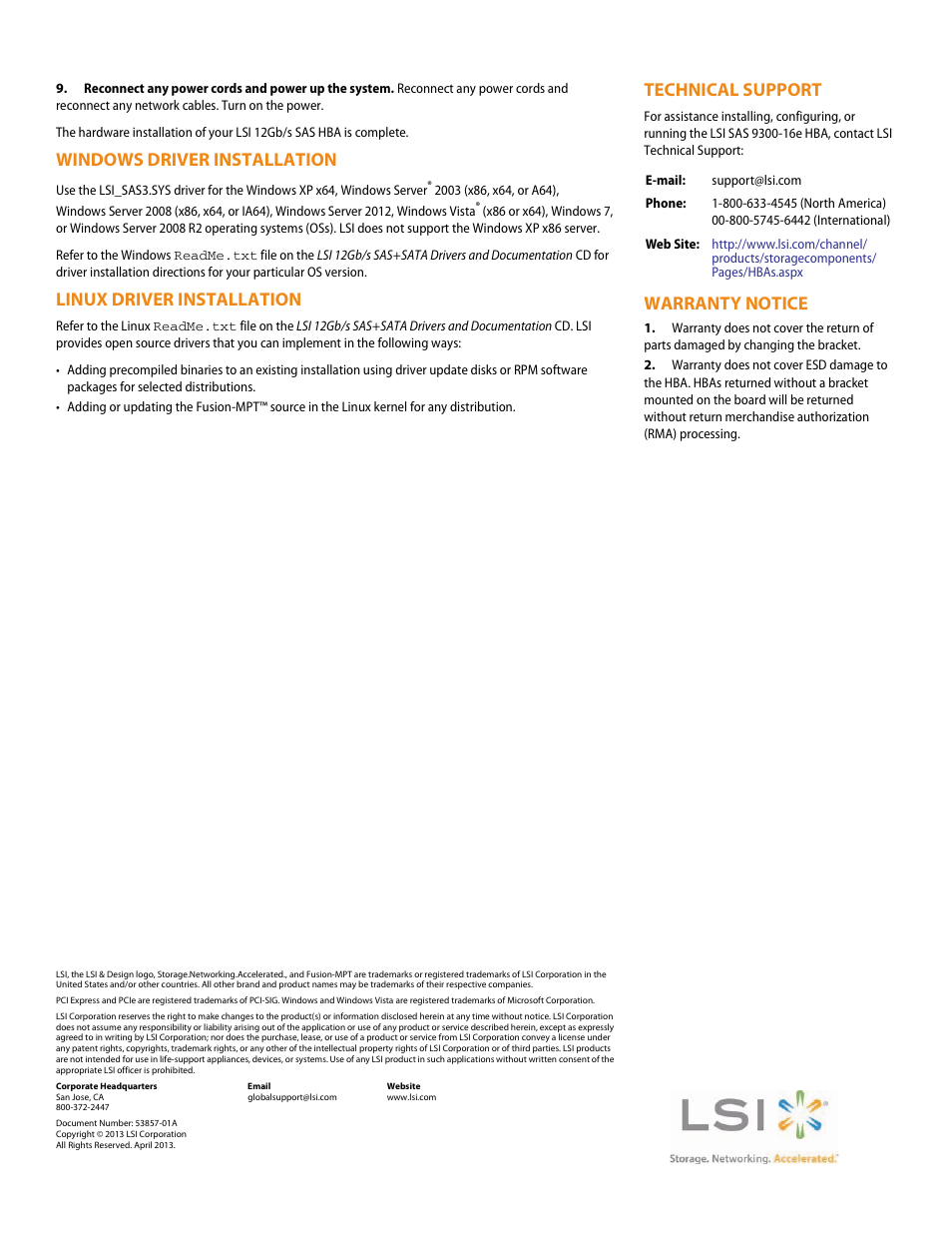 Windows driver installation, Linux driver installation, Technical support | Warranty notice | Avago Technologies SAS 9300-16e Host Bus Adapter User Manual | Page 2 / 2