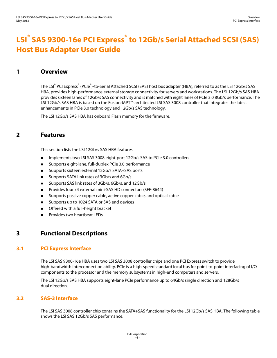 1 overview, 2 features, 3 functional descriptions | 1 pci express interface, 2 sas-3 interface, 1 overview 2 features 3 functional descriptions, 1 pci express interface 3.2 sas-3 interface, 1overview, 2features, 3functional descriptions | Avago Technologies SAS 9300-16e Host Bus Adapter User Manual | Page 4 / 9