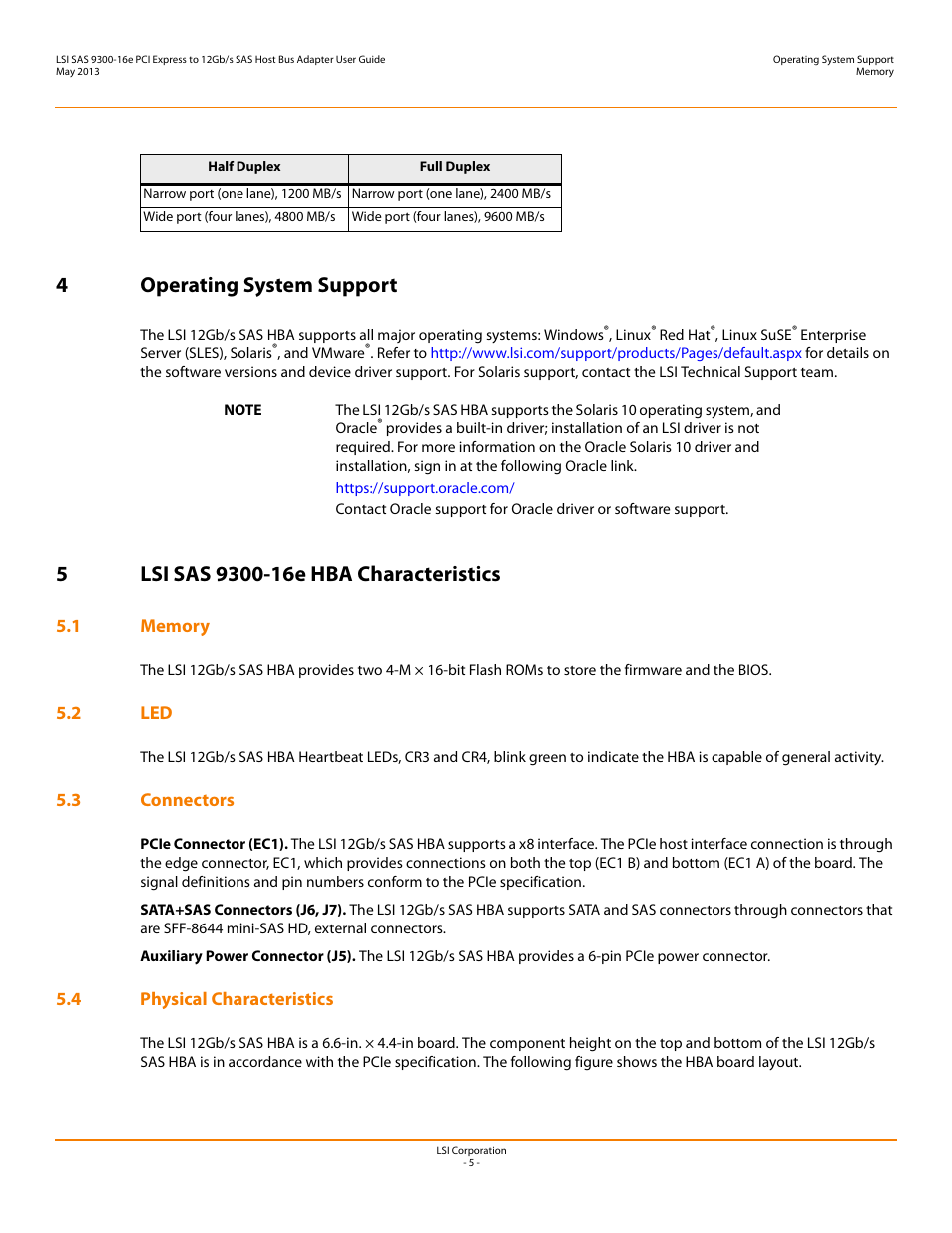 4 operating system support, 5 lsi sas 9300-16e hba characteristics, 1 memory | 2 led, 3 connectors, 4 physical characteristics, 4operating system support | Avago Technologies SAS 9300-16e Host Bus Adapter User Manual | Page 5 / 9