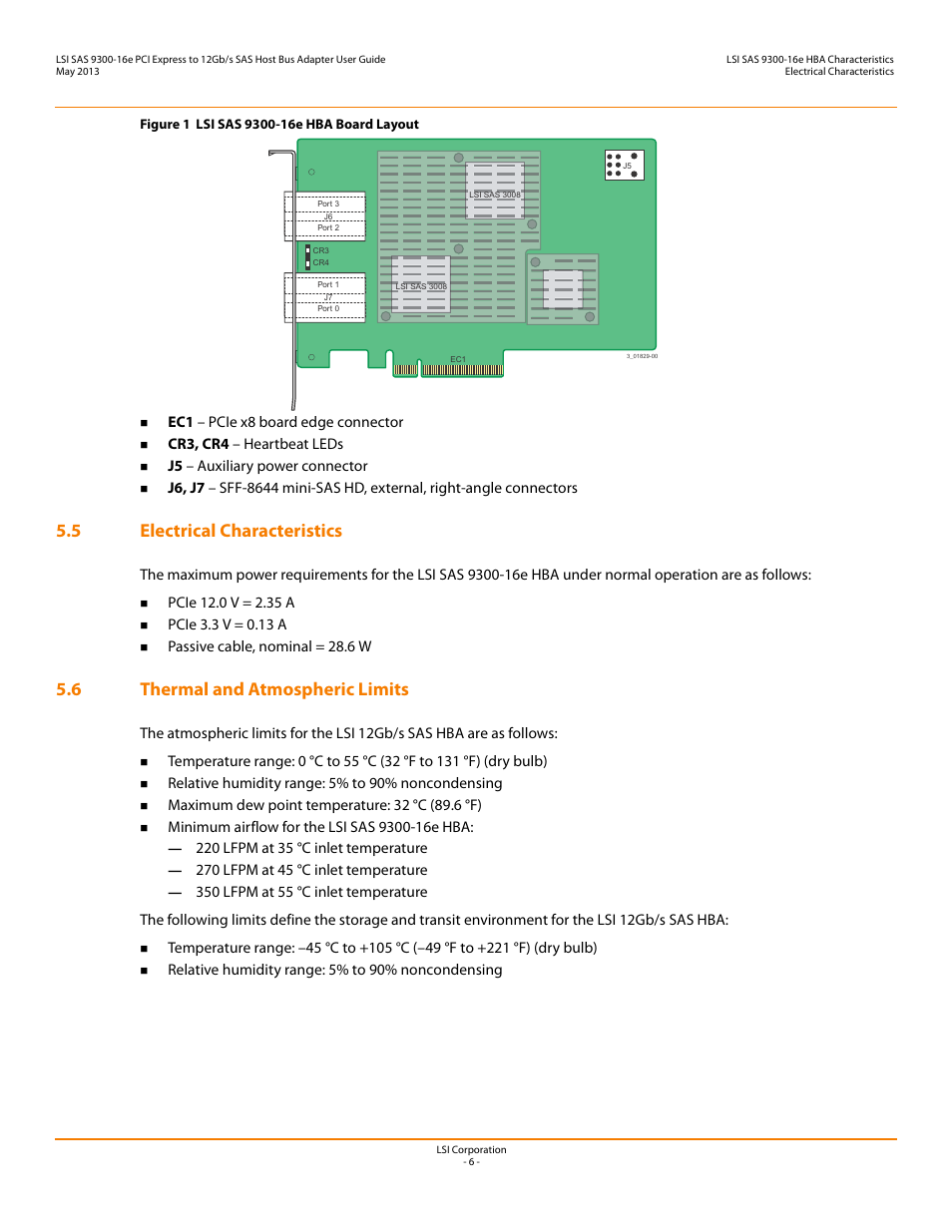 5 electrical characteristics, 6 thermal and atmospheric limits | Avago Technologies SAS 9300-16e Host Bus Adapter User Manual | Page 6 / 9