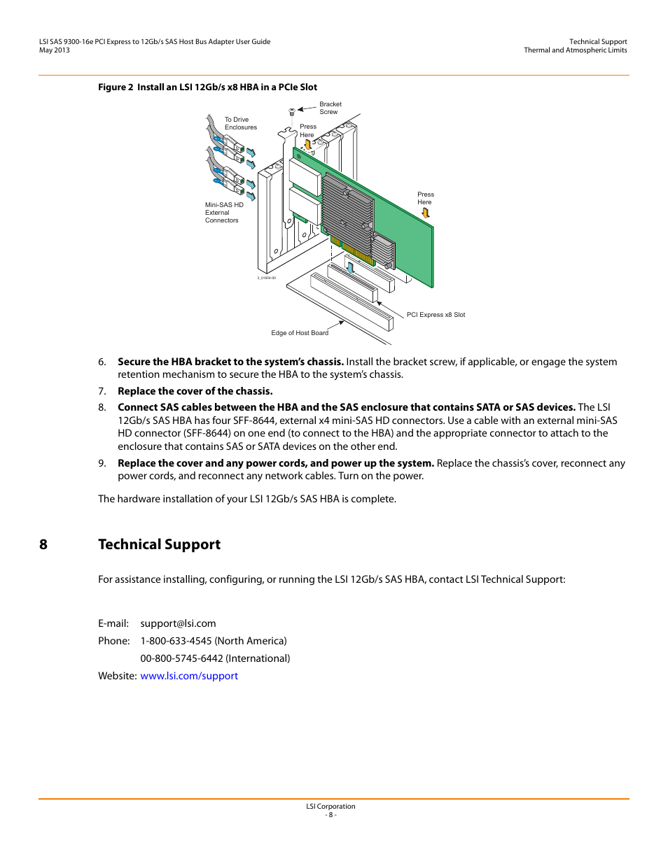 8 technical support, 8technical support | Avago Technologies SAS 9300-16e Host Bus Adapter User Manual | Page 8 / 9