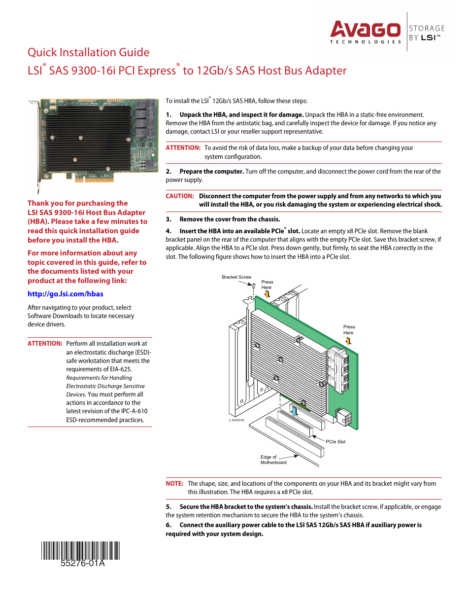 Avago Technologies SAS 9300-16i Host Bus Adapter User Manual | 2 pages