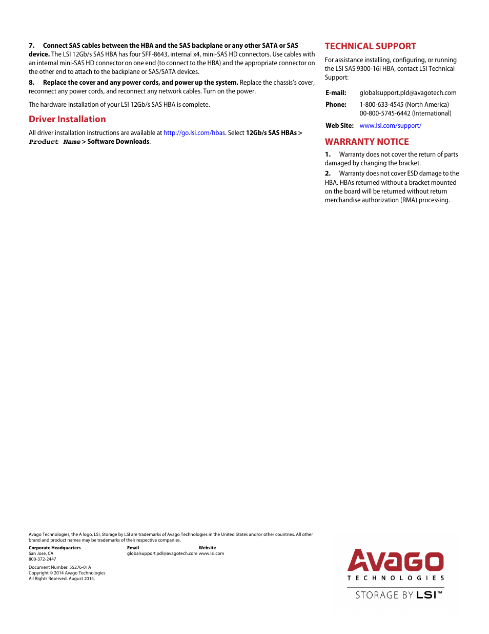 Driver installation, Technical support, Warranty notice | Avago Technologies SAS 9300-16i Host Bus Adapter User Manual | Page 2 / 2