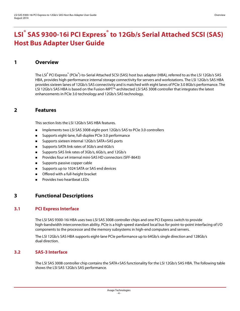 1 overview, 2 features, 3 functional descriptions | 1 pci express interface, 2 sas-3 interface, 1 overview 2 features 3 functional descriptions, 1 pci express interface 3.2 sas-3 interface, 1overview, 2features, 3functional descriptions | Avago Technologies SAS 9300-16i Host Bus Adapter User Manual | Page 4 / 10