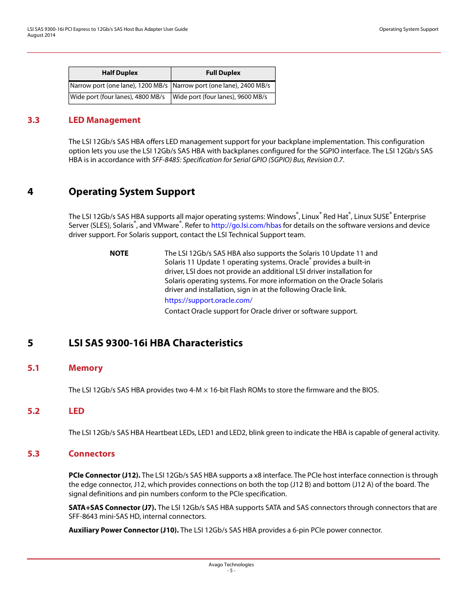 3 led management, 4 operating system support, 5 lsi sas 9300-16i hba characteristics | 1 memory, 2 led, 3 connectors, 1 memory 5.2 led 5.3 connectors, 4operating system support | Avago Technologies SAS 9300-16i Host Bus Adapter User Manual | Page 5 / 10