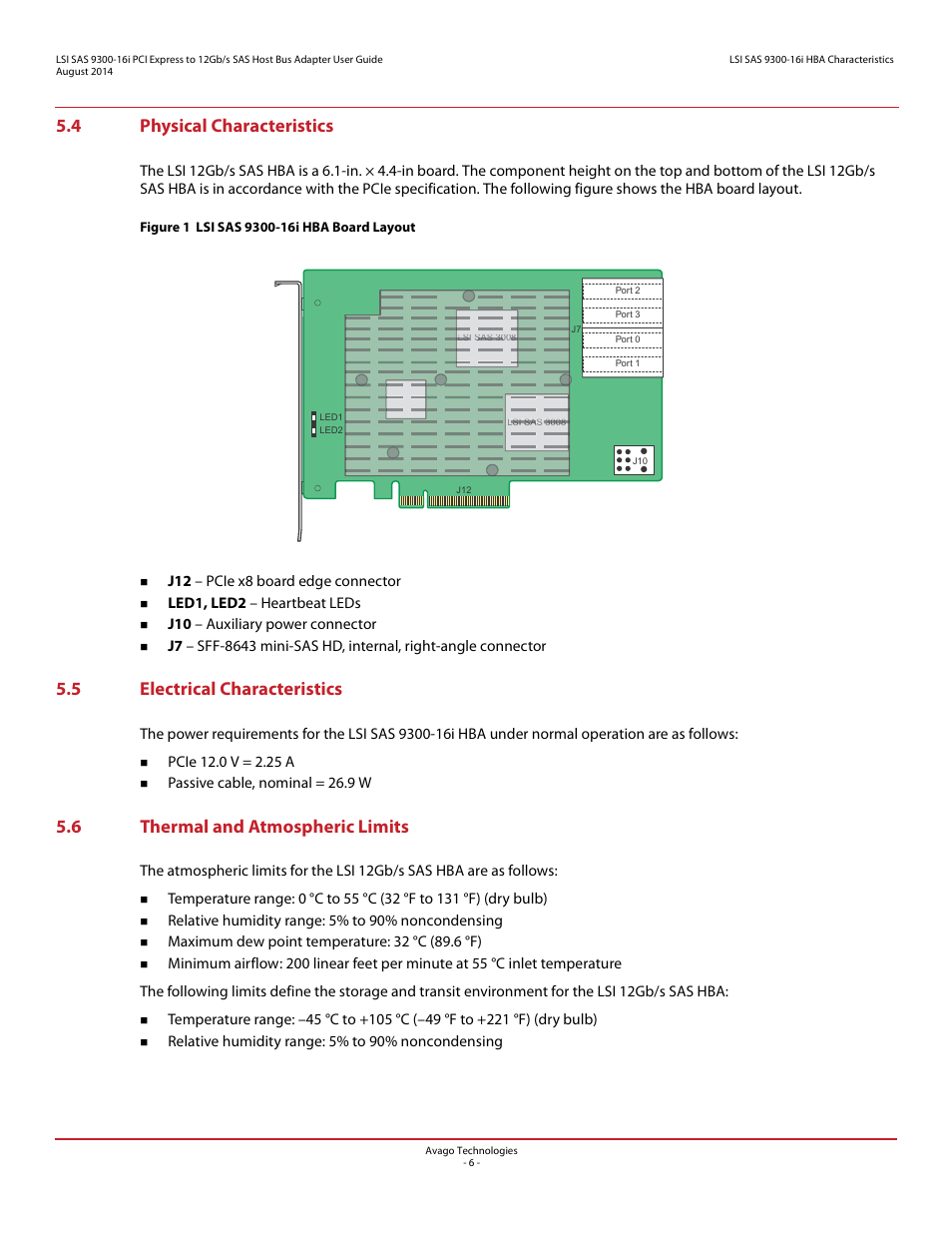 4 physical characteristics, 5 electrical characteristics, 6 thermal and atmospheric limits | Avago Technologies SAS 9300-16i Host Bus Adapter User Manual | Page 6 / 10