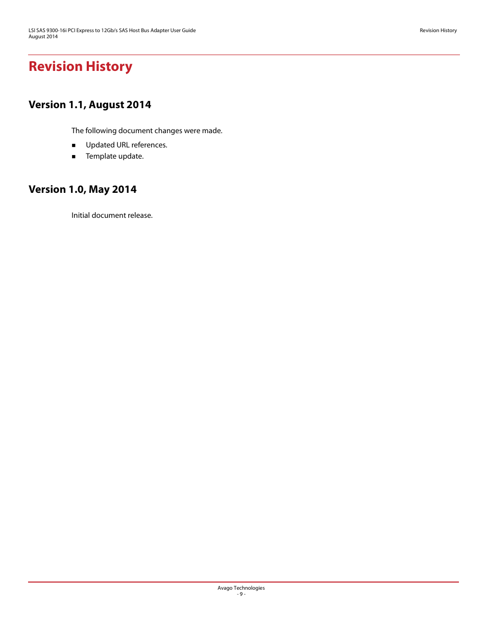 Revision history, Version 1.1, august 2014, Version 1.0, may 2014 | Version 1.1, august 2014 version 1.0, may 2014 | Avago Technologies SAS 9300-16i Host Bus Adapter User Manual | Page 9 / 10