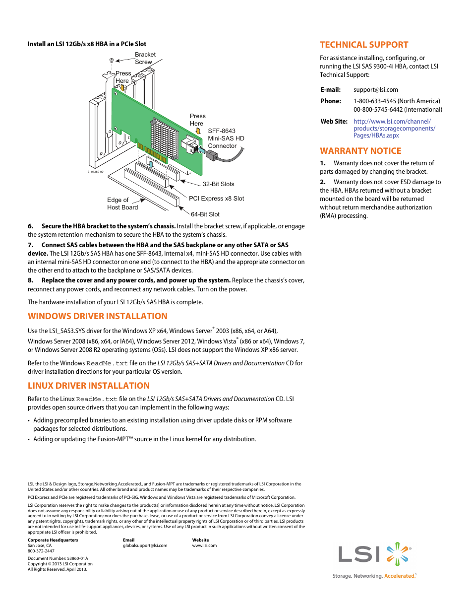 Windows driver installation, Linux driver installation, Technical support | Warranty notice | Avago Technologies SAS 9300-4i Host Bus Adapter User Manual | Page 2 / 2