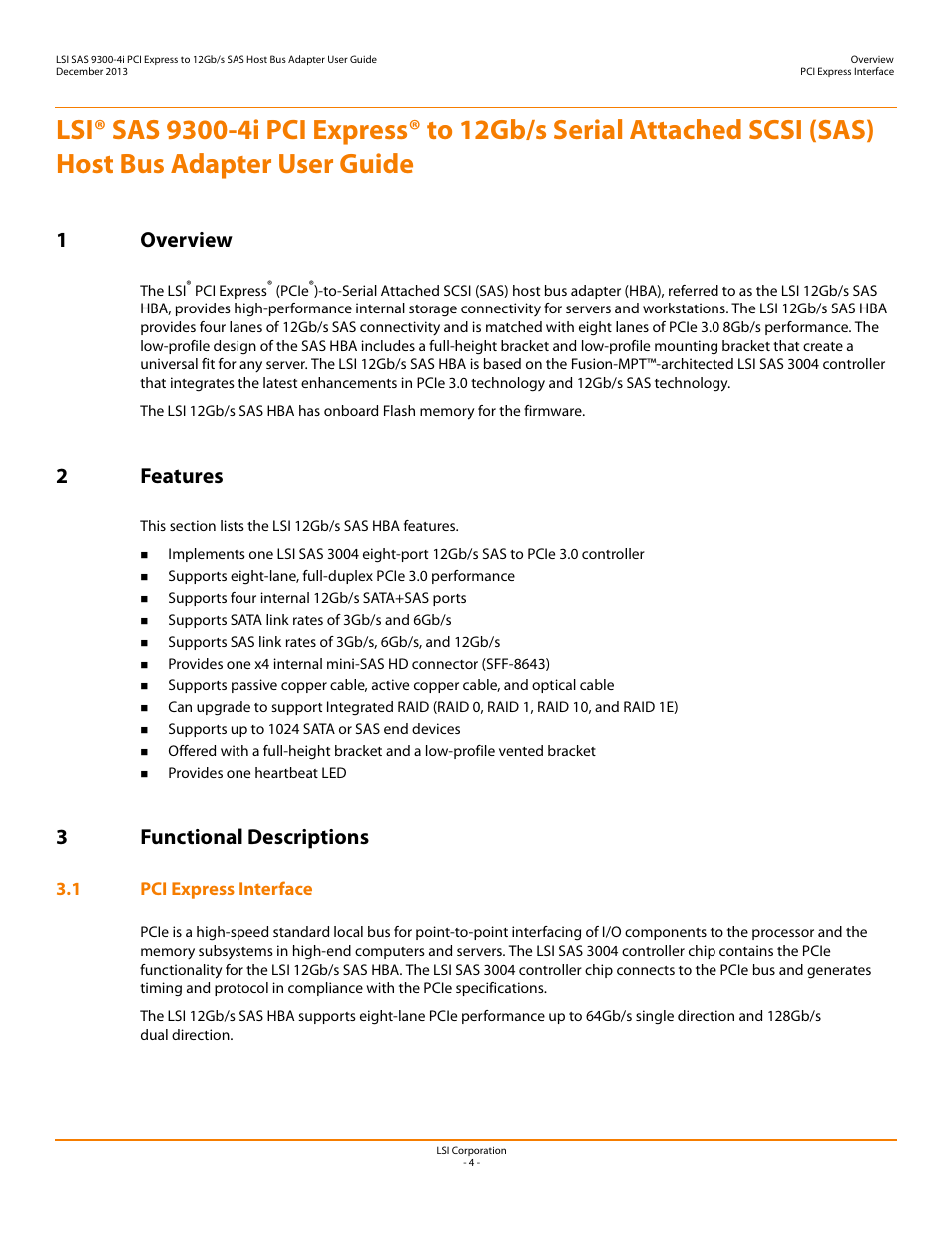 1 overview, 2 features, 3 functional descriptions | 1 pci express interface, 1 overview 2 features 3 functional descriptions, 1overview, 2features, 3functional descriptions | Avago Technologies SAS 9300-4i Host Bus Adapter User Manual | Page 4 / 9