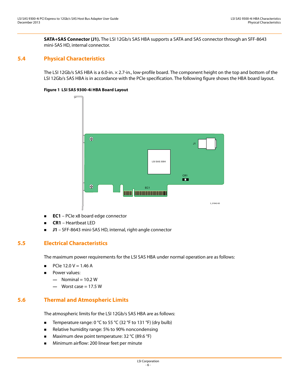 4 physical characteristics, 5 electrical characteristics, 6 thermal and atmospheric limits | Avago Technologies SAS 9300-4i Host Bus Adapter User Manual | Page 6 / 9