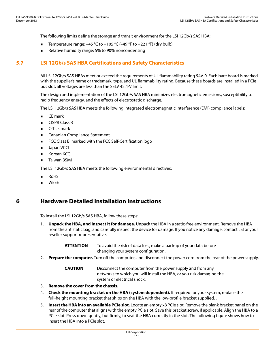 6 hardware detailed installation instructions, 6hardware detailed installation instructions | Avago Technologies SAS 9300-4i Host Bus Adapter User Manual | Page 7 / 9