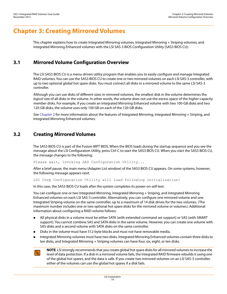 Chapter 3: creating mirrored volumes, 1 mirrored volume configuration overview, 2 creating mirrored volumes | Ed in, Chapter 3 | Avago Technologies SAS 9300-4i Host Bus Adapter User Manual | Page 14 / 43
