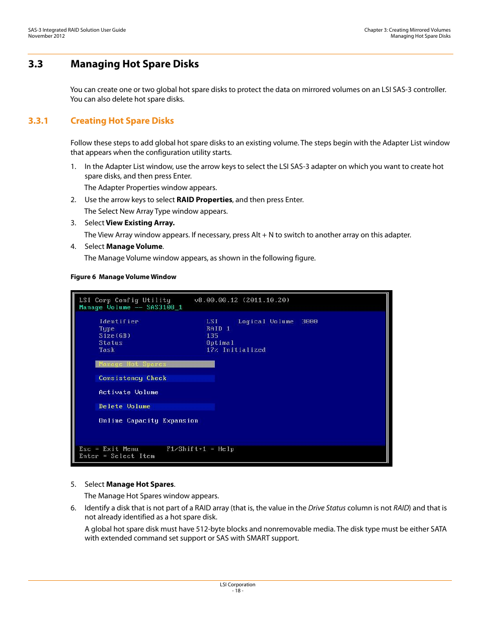 3 managing hot spare disks, 1 creating hot spare disks, 3, managing hot spare disks | If y | Avago Technologies SAS 9300-4i Host Bus Adapter User Manual | Page 18 / 43