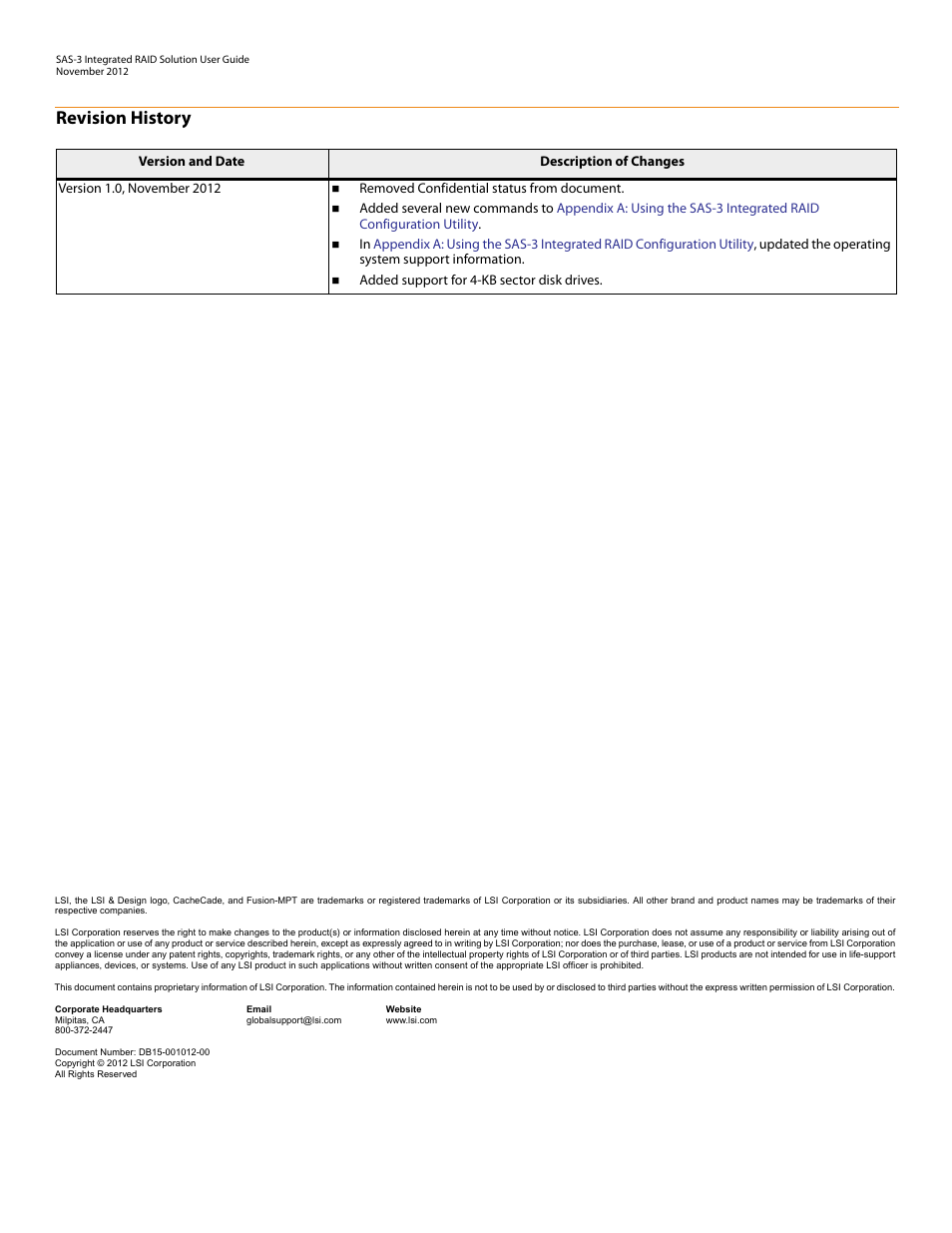 Revision history | Avago Technologies SAS 9300-4i Host Bus Adapter User Manual | Page 2 / 43