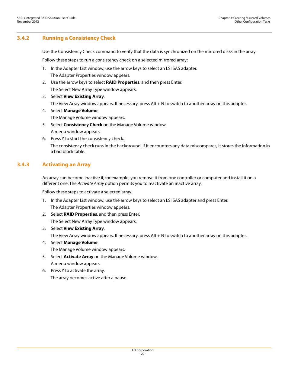 2 running a consistency check, 3 activating an array | Avago Technologies SAS 9300-4i Host Bus Adapter User Manual | Page 20 / 43