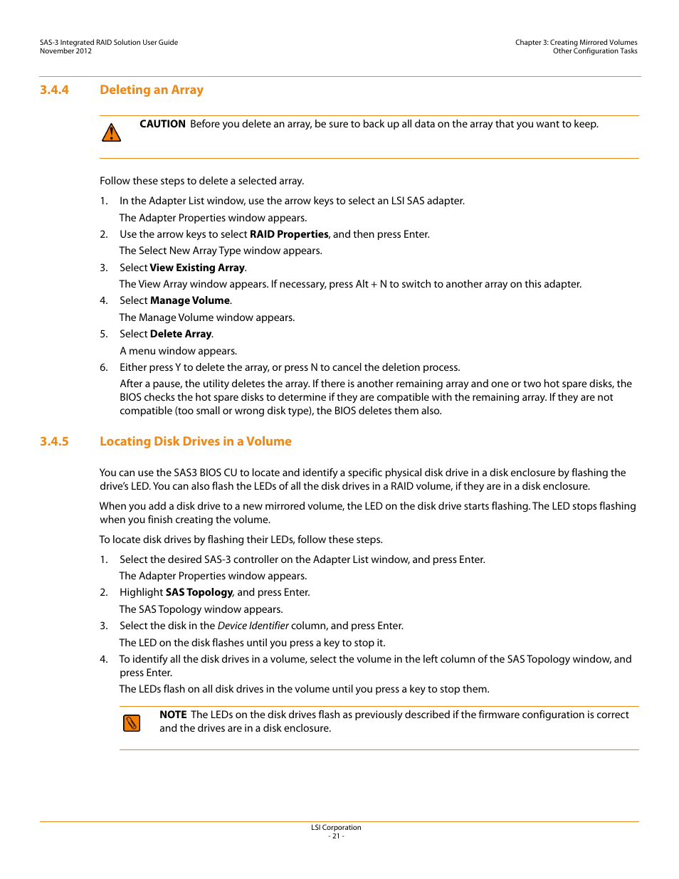 4 deleting an array, 5 locating disk drives in a volume, 5, locating disk | Drives in a volume | Avago Technologies SAS 9300-4i Host Bus Adapter User Manual | Page 21 / 43