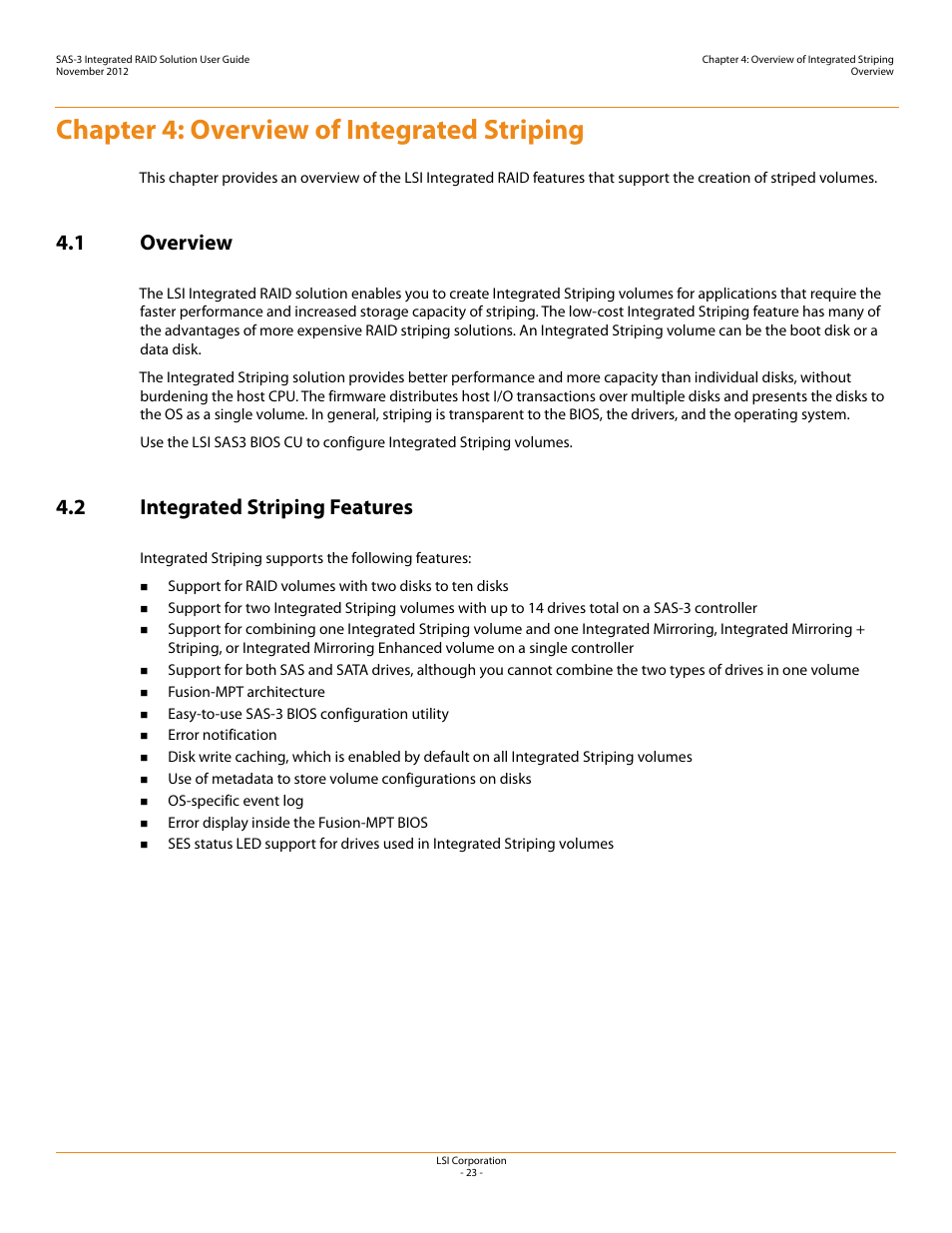 Chapter 4: overview of integrated striping, 1 overview, 2 integrated striping features | Avago Technologies SAS 9300-4i Host Bus Adapter User Manual | Page 23 / 43
