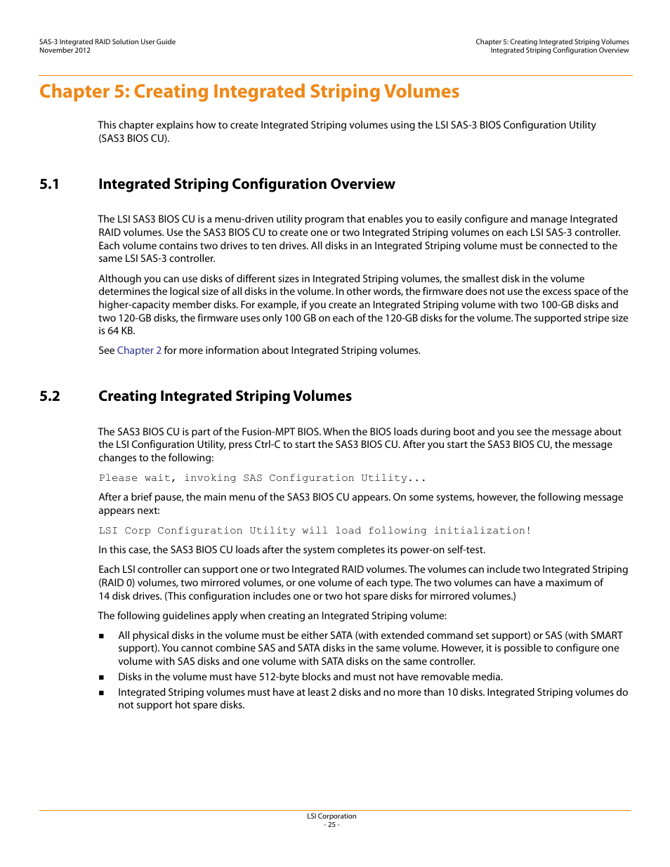 Chapter 5: creating integrated striping volumes, 1 integrated striping configuration overview, 2 creating integrated striping volumes | Chapter 5 | Avago Technologies SAS 9300-4i Host Bus Adapter User Manual | Page 25 / 43