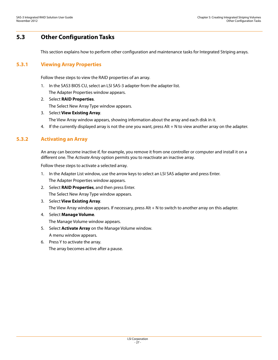 3 other configuration tasks, 1 viewing array properties, 2 activating an array | Avago Technologies SAS 9300-4i Host Bus Adapter User Manual | Page 27 / 43