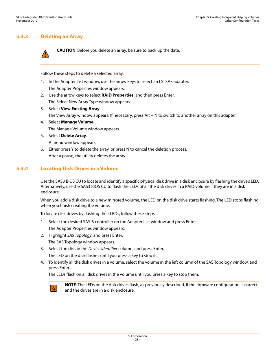 3 deleting an array, 4 locating disk drives in a volume | Avago Technologies SAS 9300-4i Host Bus Adapter User Manual | Page 28 / 43