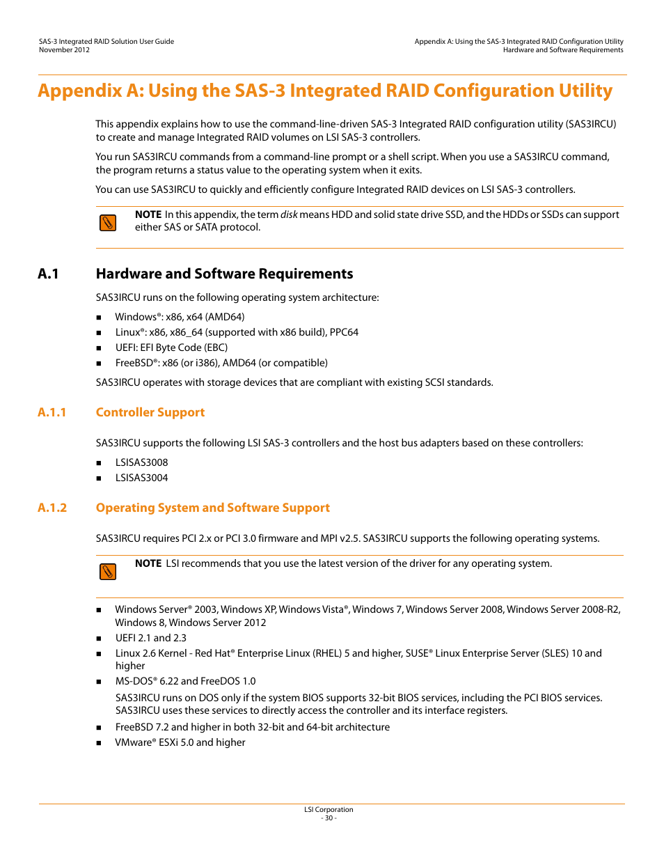A.1 hardware and software requirements, A.1.1 controller support, A.1.2 operating system and software support | Appendix a, Using the sas-3 integrated raid, Configuration utility, Updat | Avago Technologies SAS 9300-4i Host Bus Adapter User Manual | Page 30 / 43