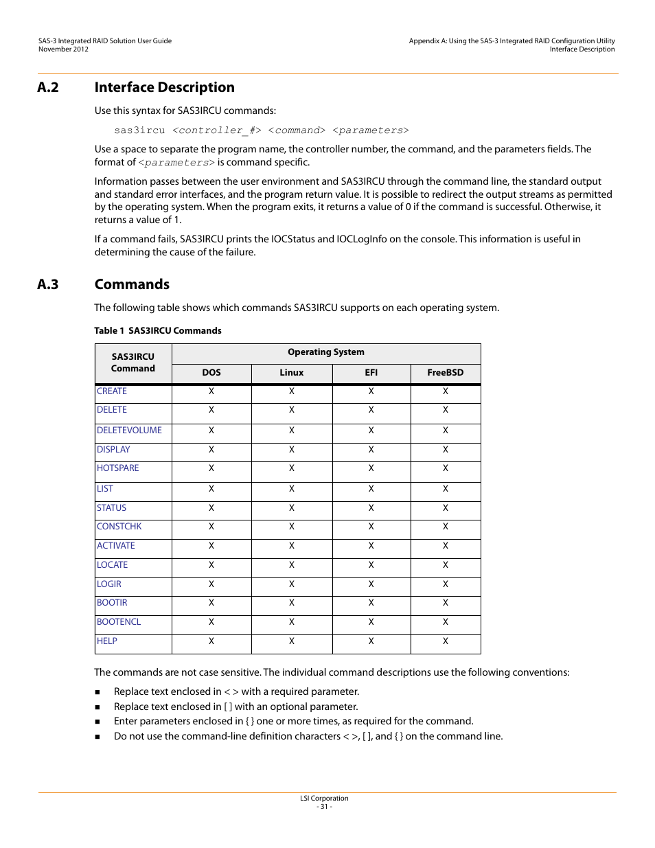 A.2 interface description, A.3 commands | Avago Technologies SAS 9300-4i Host Bus Adapter User Manual | Page 31 / 43