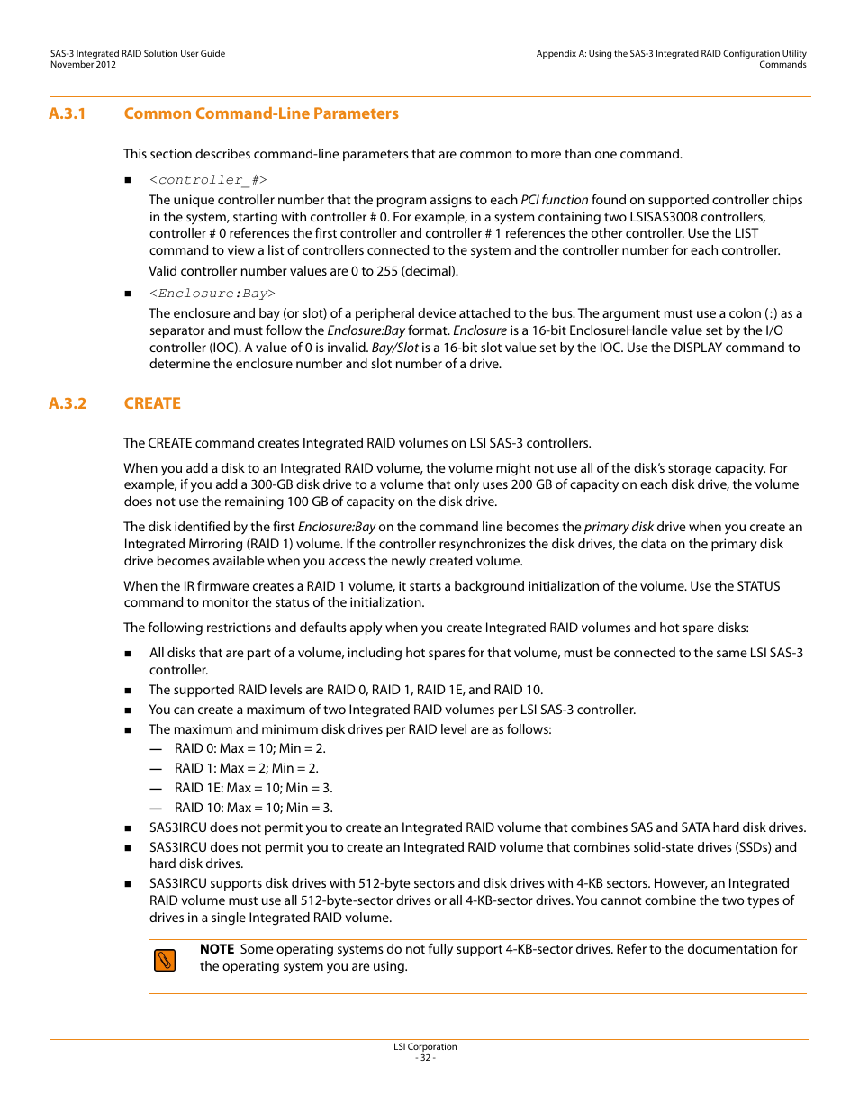 A.3.1 common command-line parameters, A.3.2 create, A.3.1 common command-line parameters a.3.2 create | Create | Avago Technologies SAS 9300-4i Host Bus Adapter User Manual | Page 32 / 43