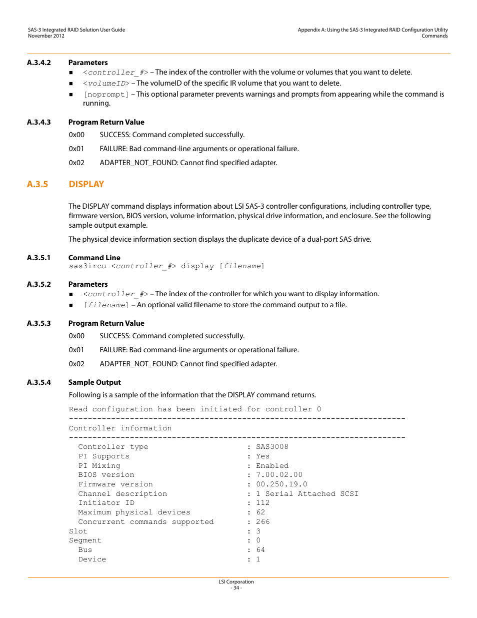 A.3.4.2 parameters, A.3.4.3 program return value, A.3.5 display | A.3.5.1 command line, A.3.5.2 parameters, A.3.5.3 program return value, A.3.5.4 sample output, Display | Avago Technologies SAS 9300-4i Host Bus Adapter User Manual | Page 34 / 43