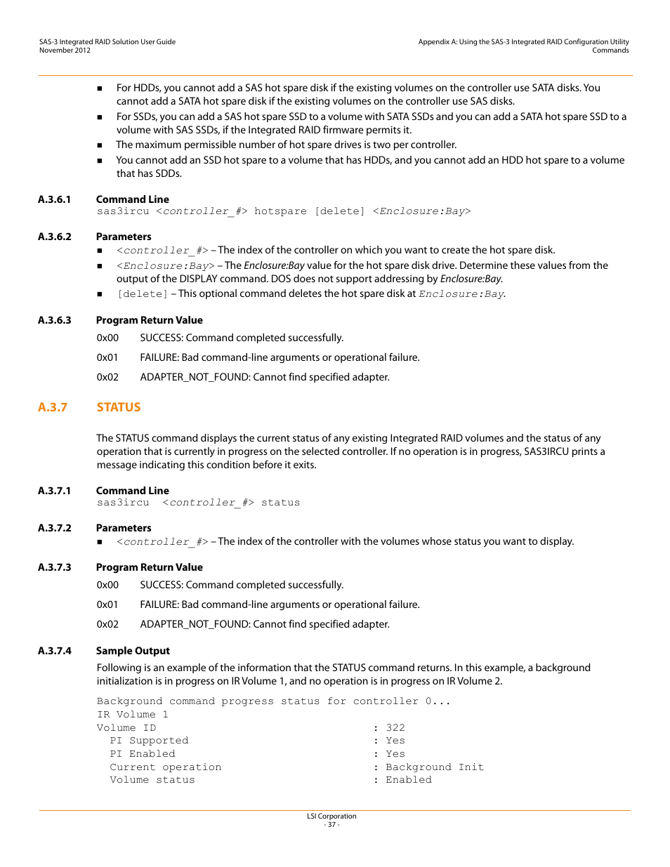 A.3.6.1 command line, A.3.6.2 parameters, A.3.6.3 program return value | A.3.7 status, A.3.7.1 command line, A.3.7.2 parameters, A.3.7.3 program return value, A.3.7.4 sample output, Status | Avago Technologies SAS 9300-4i Host Bus Adapter User Manual | Page 37 / 43