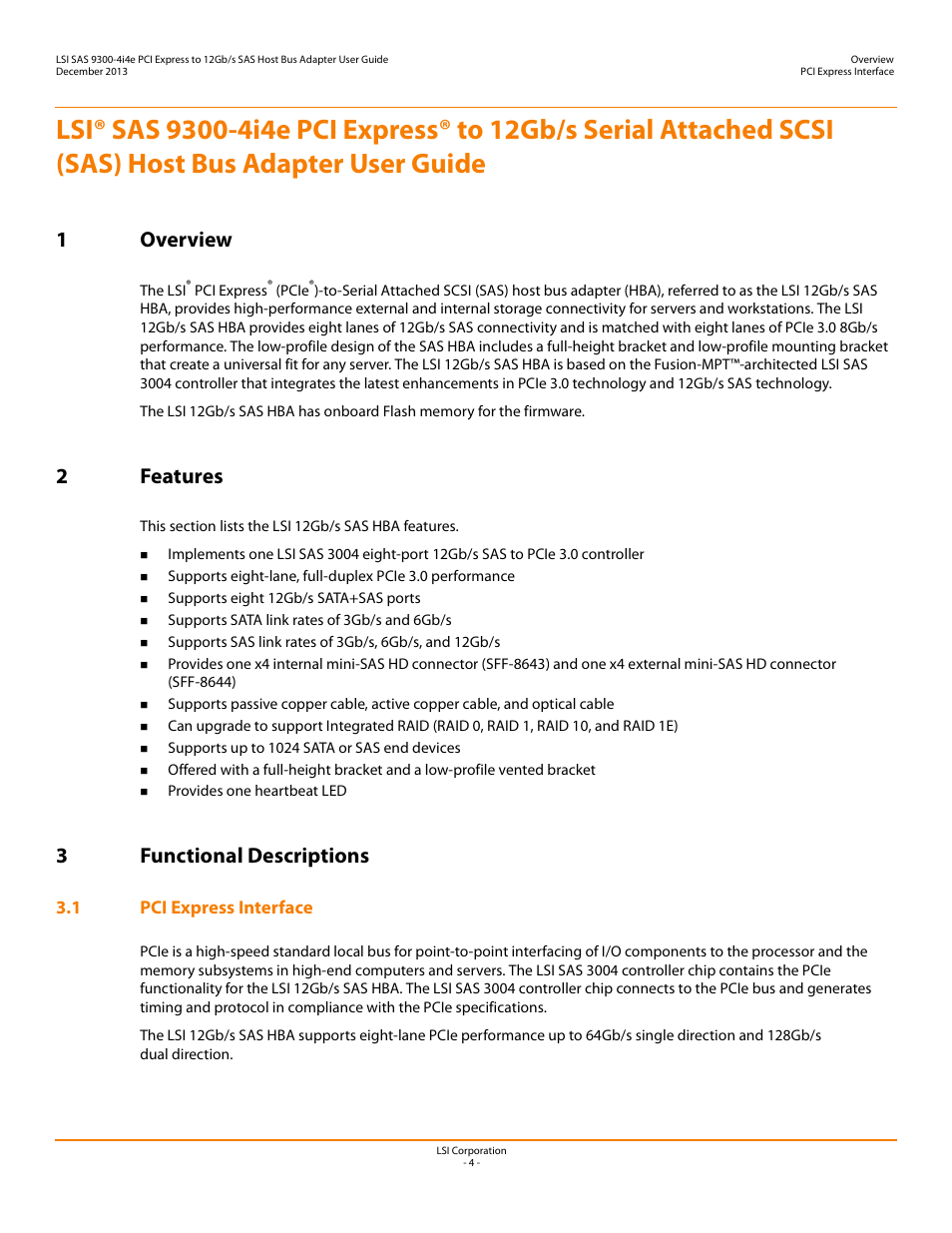 1 overview, 2 features, 3 functional descriptions | 1 pci express interface, 1 overview 2 features 3 functional descriptions, 1overview, 2features, 3functional descriptions | Avago Technologies SAS 9300-4i4e Host Bus Adapter User Manual | Page 4 / 10