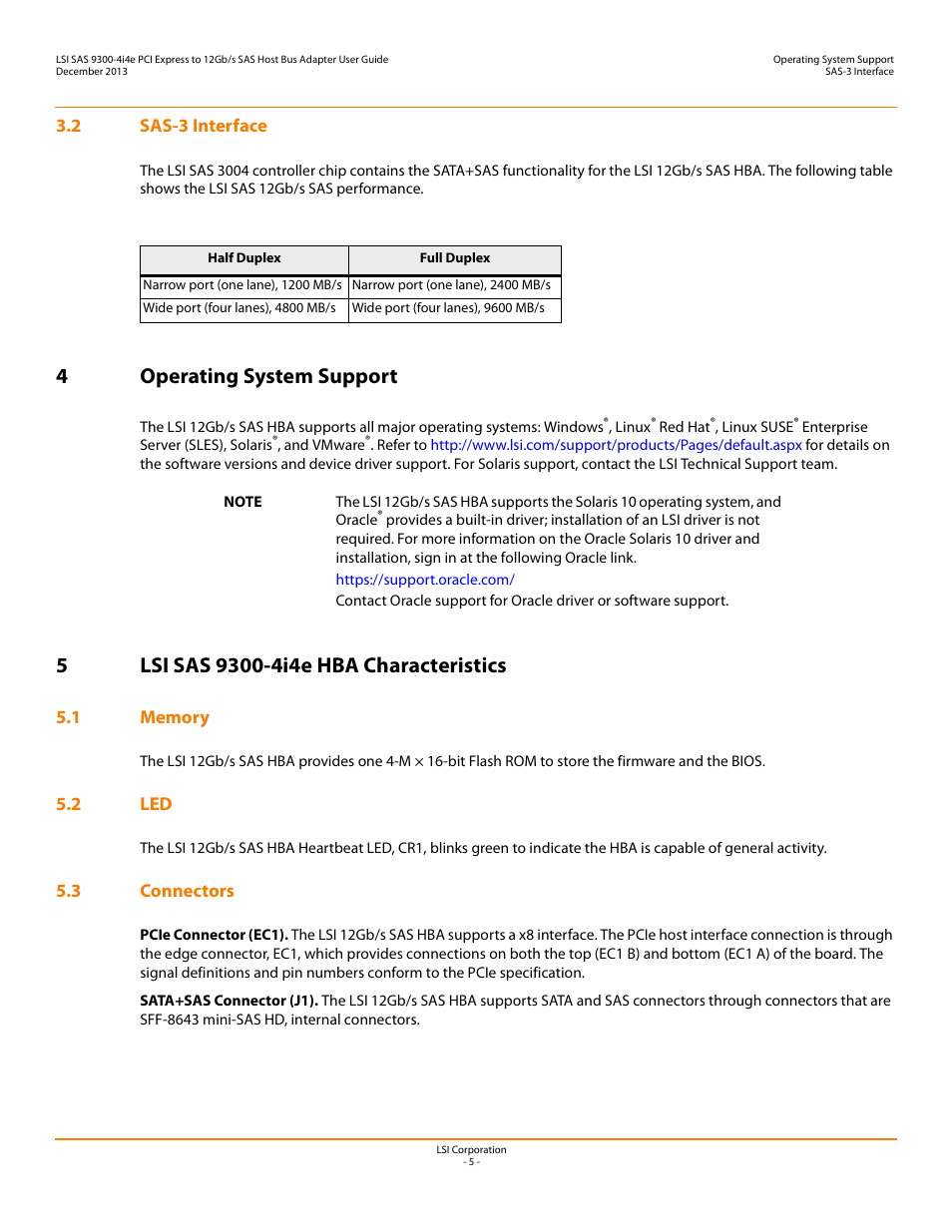 2 sas-3 interface, 4 operating system support, 5 lsi sas 9300-4i4e hba characteristics | 1 memory, 2 led, 3 connectors, 1 memory 5.2 led 5.3 connectors, 4operating system support | Avago Technologies SAS 9300-4i4e Host Bus Adapter User Manual | Page 5 / 10