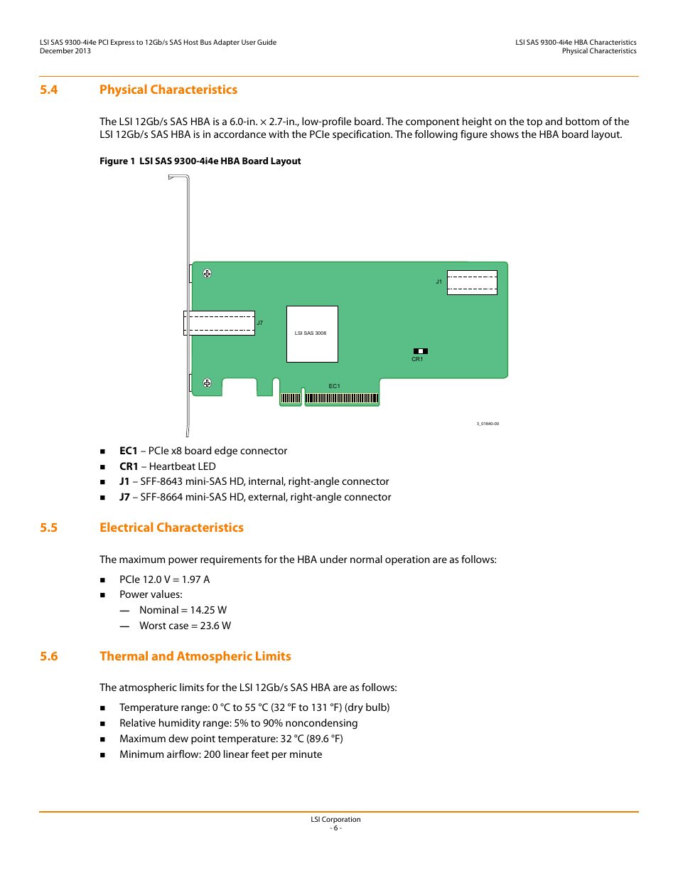 4 physical characteristics, 5 electrical characteristics, 6 thermal and atmospheric limits | Avago Technologies SAS 9300-4i4e Host Bus Adapter User Manual | Page 6 / 10