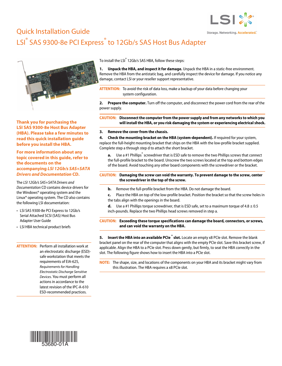 Avago Technologies SAS 9300-8e Host Bus Adapter User Manual | 2 pages