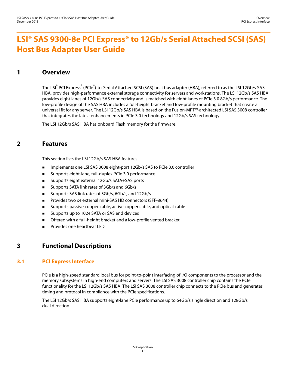 1 overview, 2 features, 3 functional descriptions | 1 pci express interface, 1 overview 2 features 3 functional descriptions, 1overview, 2features, 3functional descriptions | Avago Technologies SAS 9300-8e Host Bus Adapter User Manual | Page 4 / 9