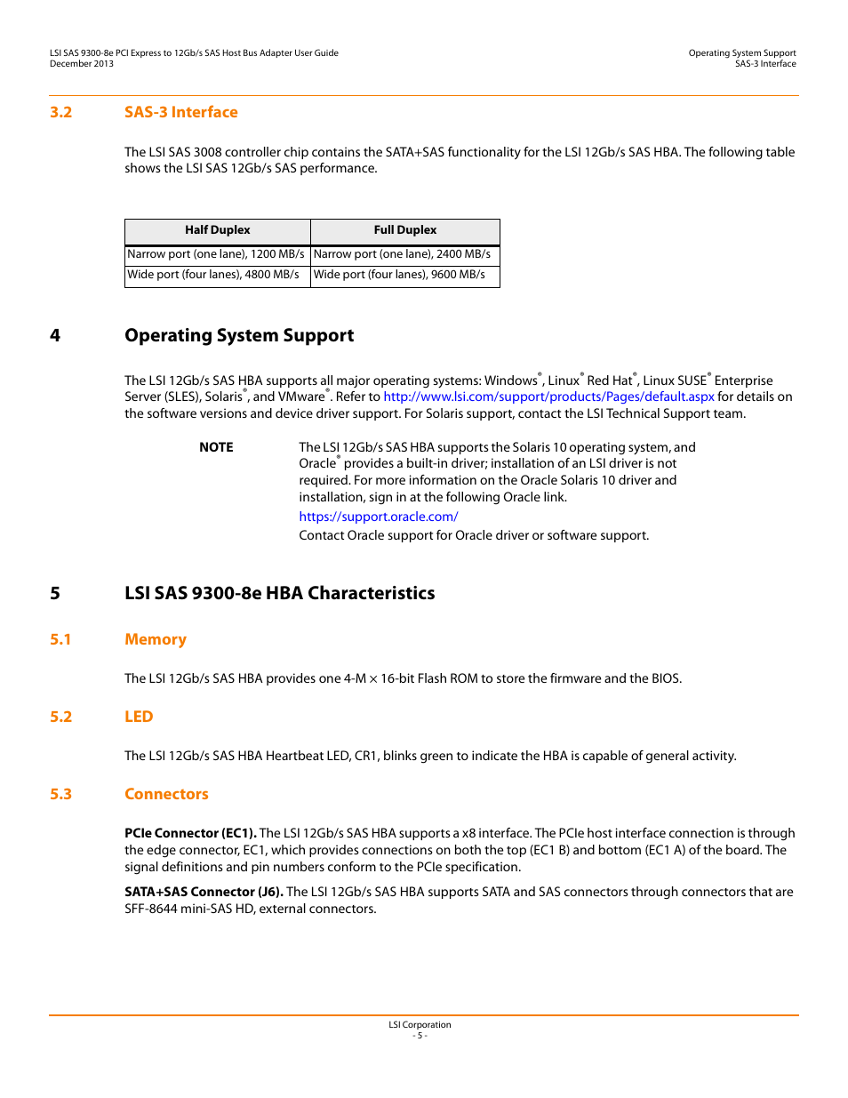 2 sas-3 interface, 4 operating system support, 5 lsi sas 9300-8e hba characteristics | 1 memory, 2 led, 3 connectors, 1 memory 5.2 led 5.3 connectors, 4operating system support | Avago Technologies SAS 9300-8e Host Bus Adapter User Manual | Page 5 / 9