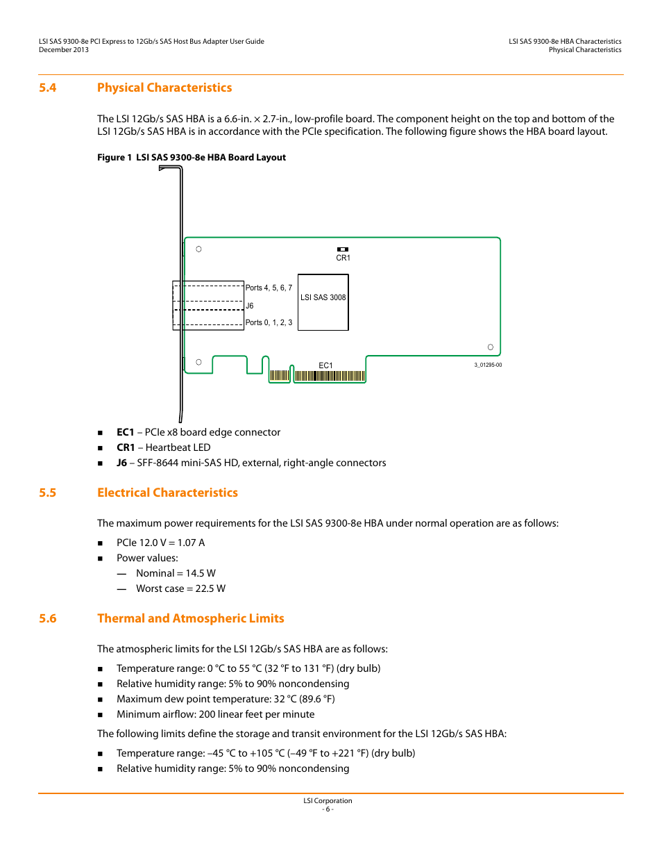 4 physical characteristics, 5 electrical characteristics, 6 thermal and atmospheric limits | Avago Technologies SAS 9300-8e Host Bus Adapter User Manual | Page 6 / 9