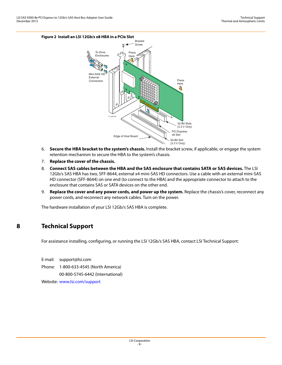 8 technical support, 8technical support | Avago Technologies SAS 9300-8e Host Bus Adapter User Manual | Page 8 / 9