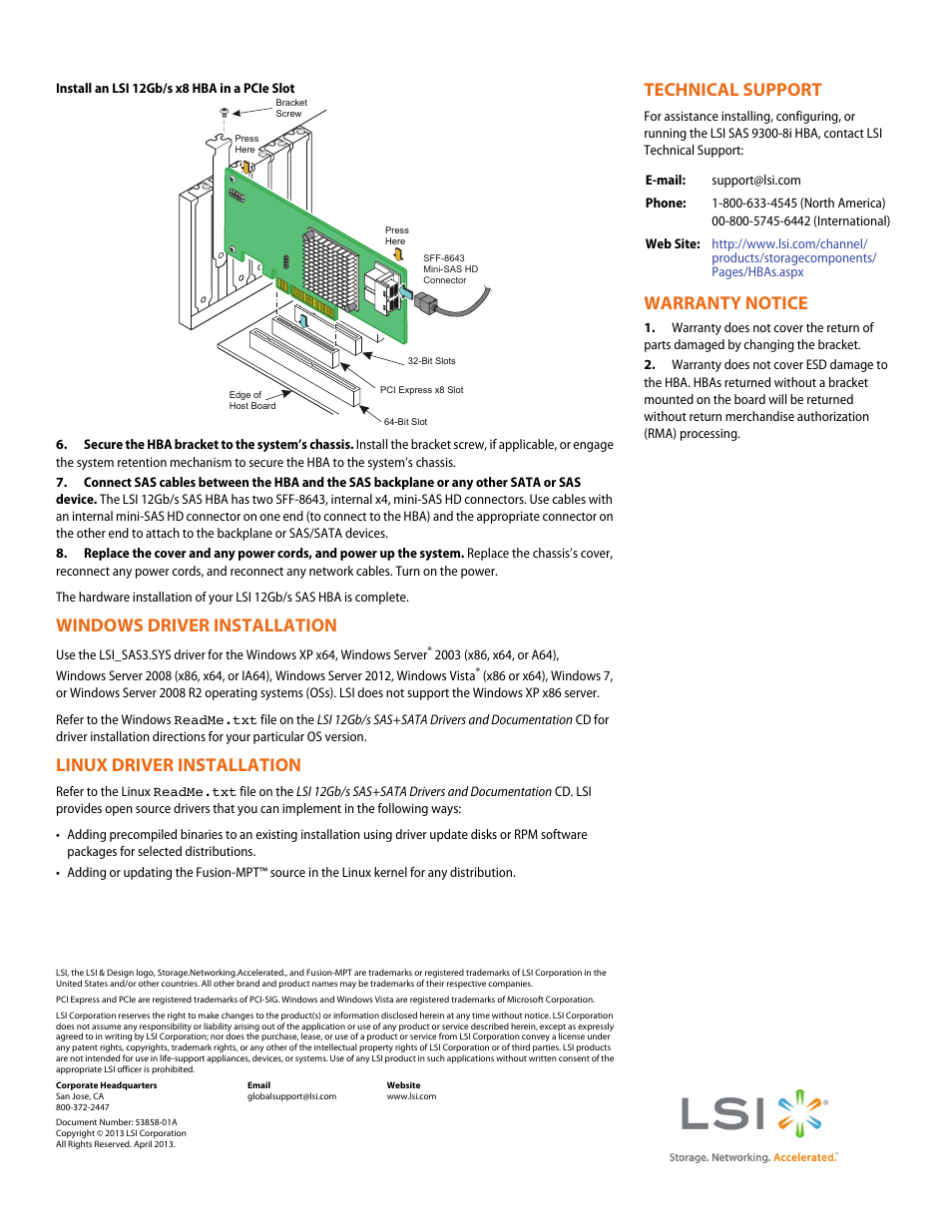 Windows driver installation, Linux driver installation, Technical support | Warranty notice | Avago Technologies SAS 9300-8i Host Bus Adapter User Manual | Page 2 / 2