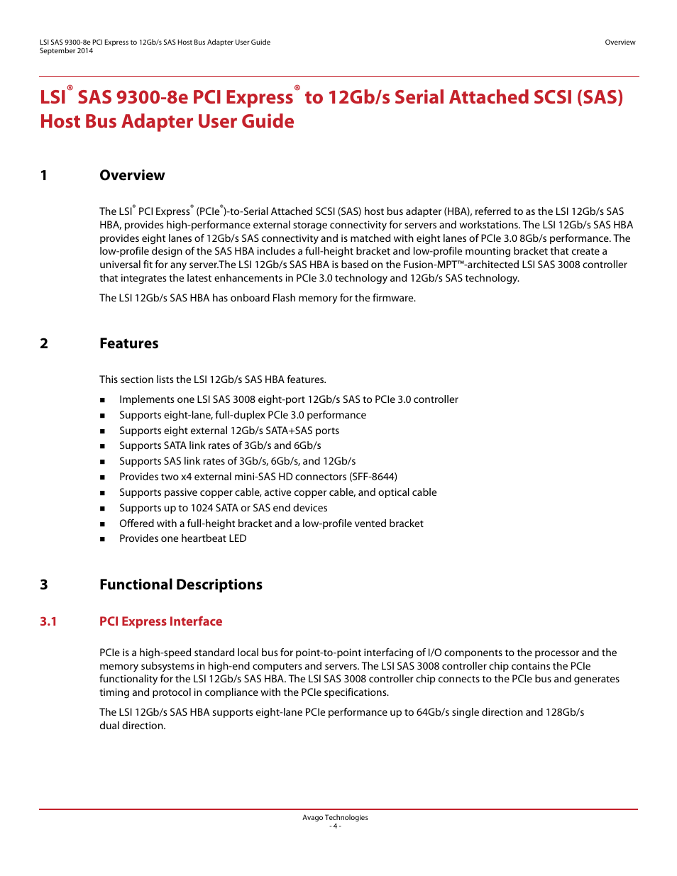 1 overview, 2 features, 3 functional descriptions | 1 pci express interface, 1 overview 2 features 3 functional descriptions, 1overview, 2features, 3functional descriptions | Avago Technologies SAS 9300-8i Host Bus Adapter User Manual | Page 4 / 10