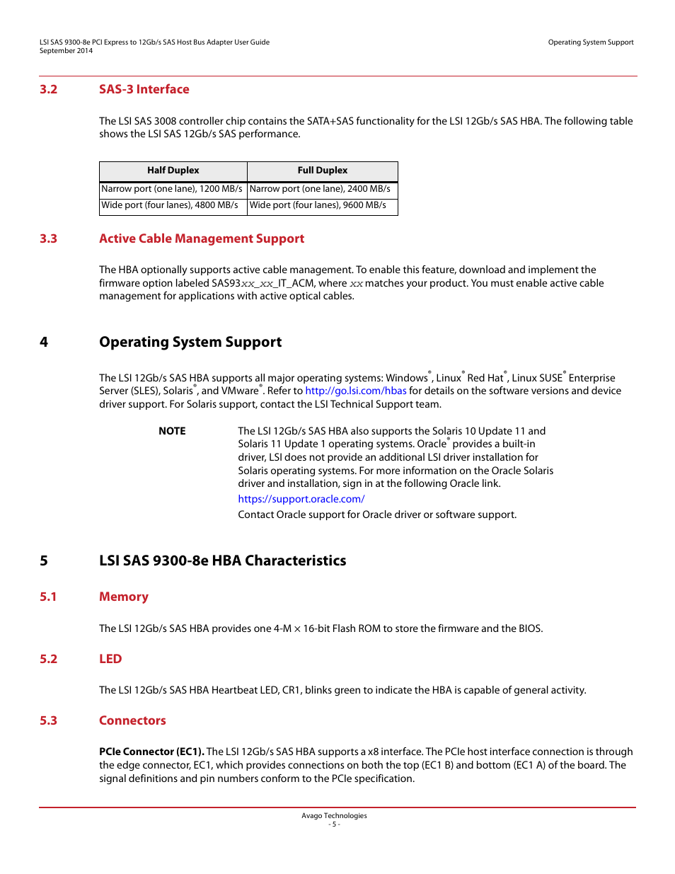 2 sas-3 interface, 3 active cable management support, 4 operating system support | 5 lsi sas 9300-8e hba characteristics, 1 memory, 2 led, 3 connectors, 1 memory 5.2 led 5.3 connectors, 4operating system support | Avago Technologies SAS 9300-8i Host Bus Adapter User Manual | Page 5 / 10