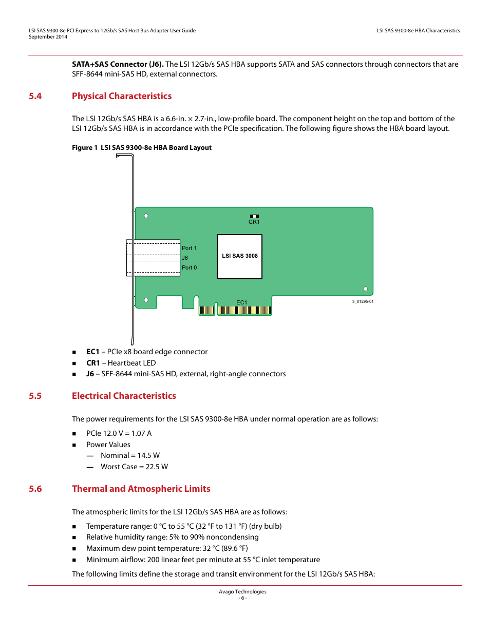 4 physical characteristics, 5 electrical characteristics, 6 thermal and atmospheric limits | Avago Technologies SAS 9300-8i Host Bus Adapter User Manual | Page 6 / 10