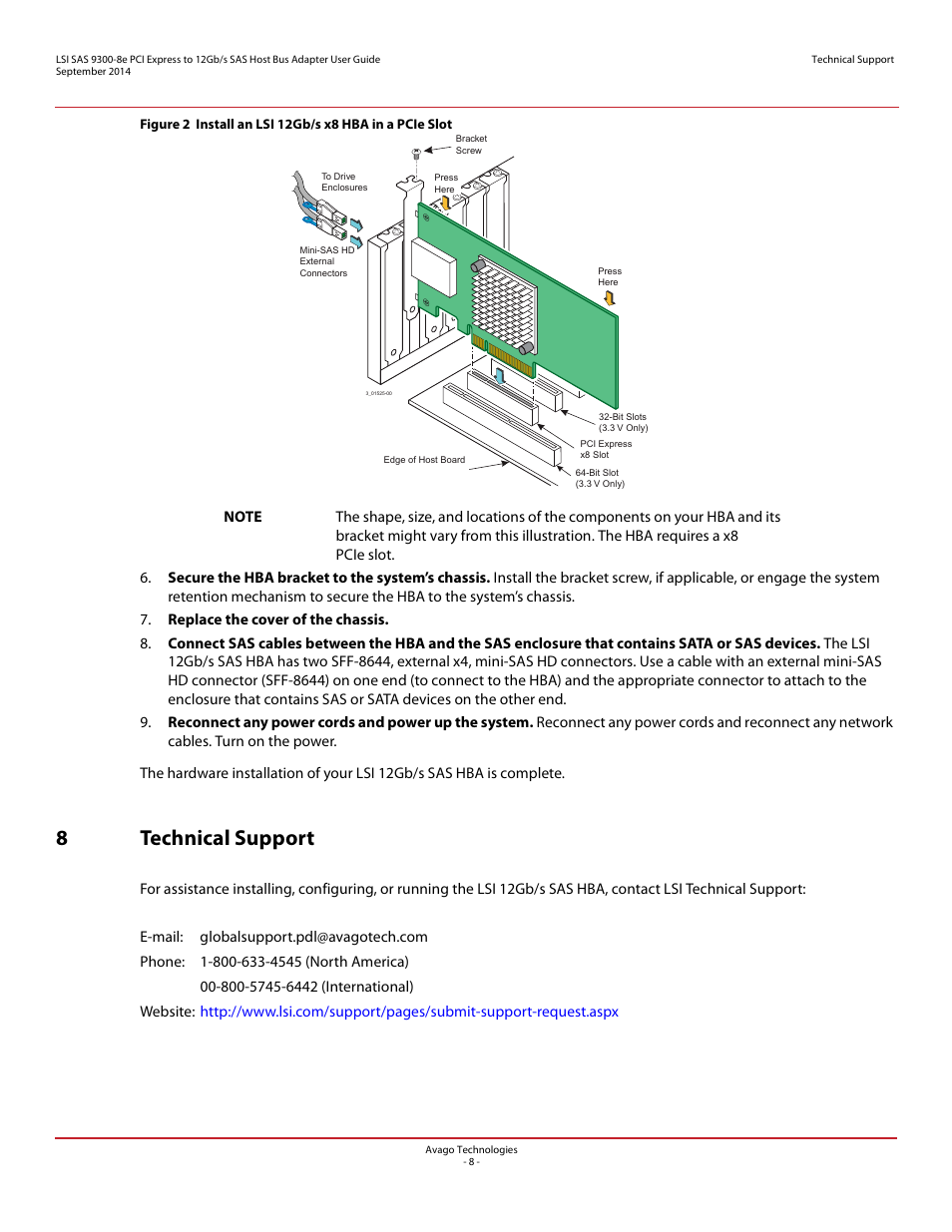 8 technical support, 8technical support | Avago Technologies SAS 9300-8i Host Bus Adapter User Manual | Page 8 / 10