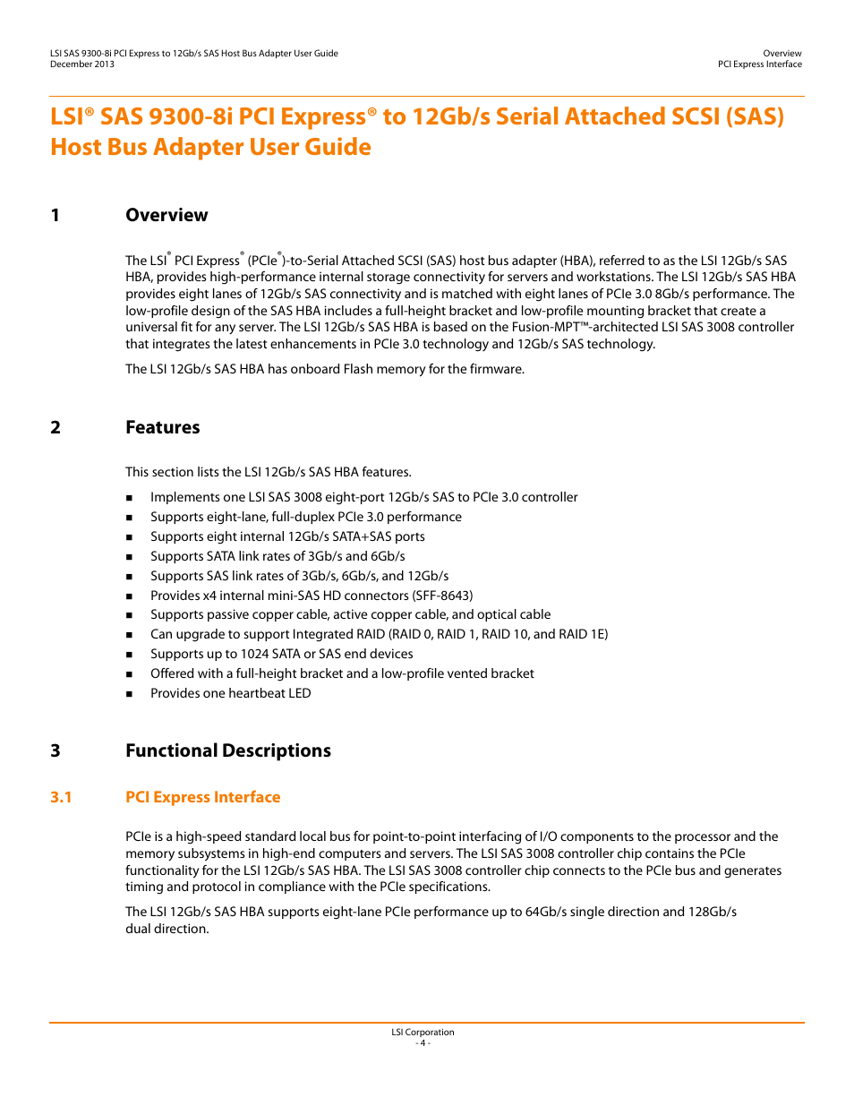 1 overview, 2 features, 3 functional descriptions | 1 pci express interface, 1 overview 2 features 3 functional descriptions, 1overview, 2features, 3functional descriptions | Avago Technologies SAS 9300-8i Host Bus Adapter User Manual | Page 4 / 9