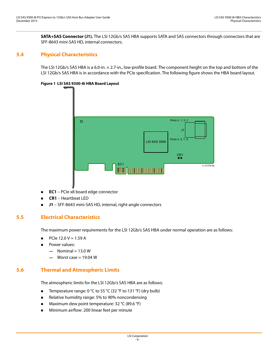 4 physical characteristics, 5 electrical characteristics, 6 thermal and atmospheric limits | Avago Technologies SAS 9300-8i Host Bus Adapter User Manual | Page 6 / 9